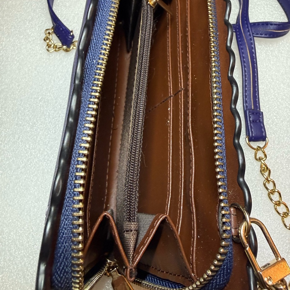 Whimsical Embroidered Navy Crossbody - Fairytale Scalloped Edge Gold Chain - Picture 7 of 11
